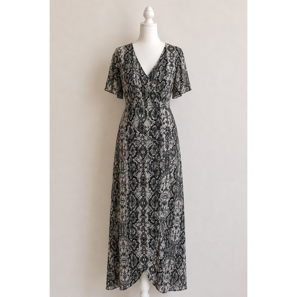 Luxology Snakeskin Print Faux Wrap Maxi Dress 6 Grey Black Hi Lo Flutter Sleeve